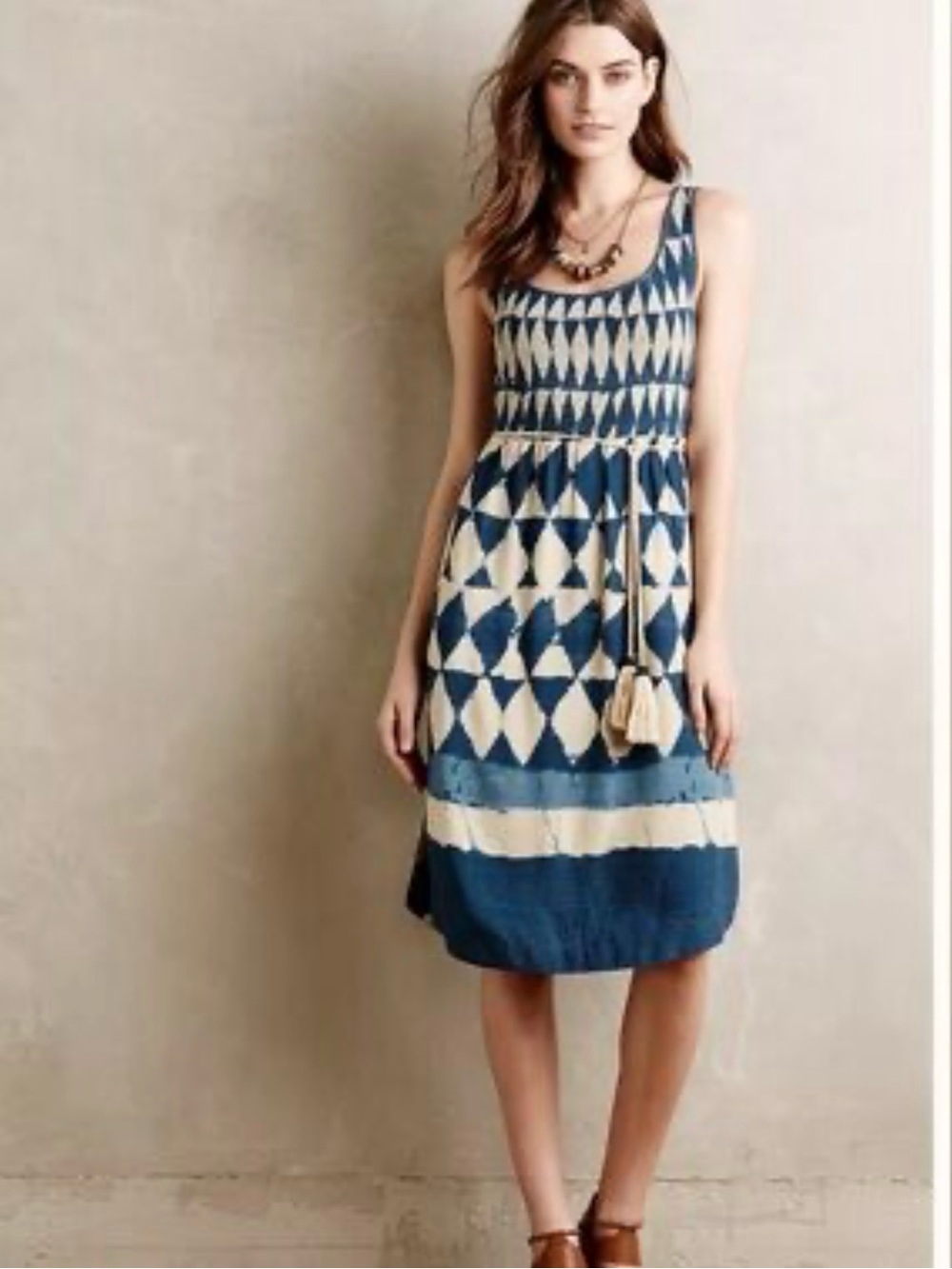 Anthropologie Maeve Smocked Tank Midi Dress Indigo Diamond Print Tassel Belt 2